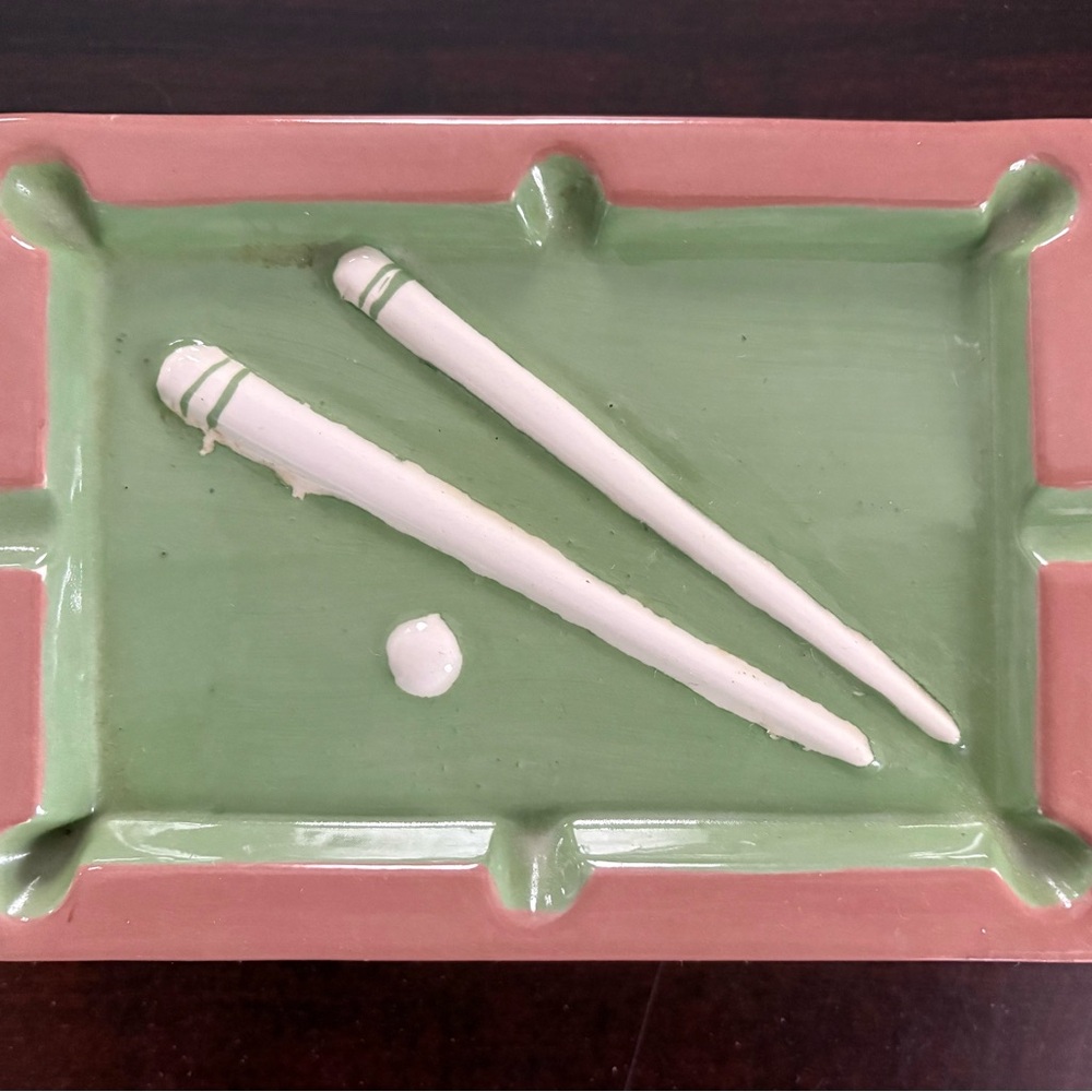 Vintage Handmade Pool Table Pink and Green Ceramic Ashtray